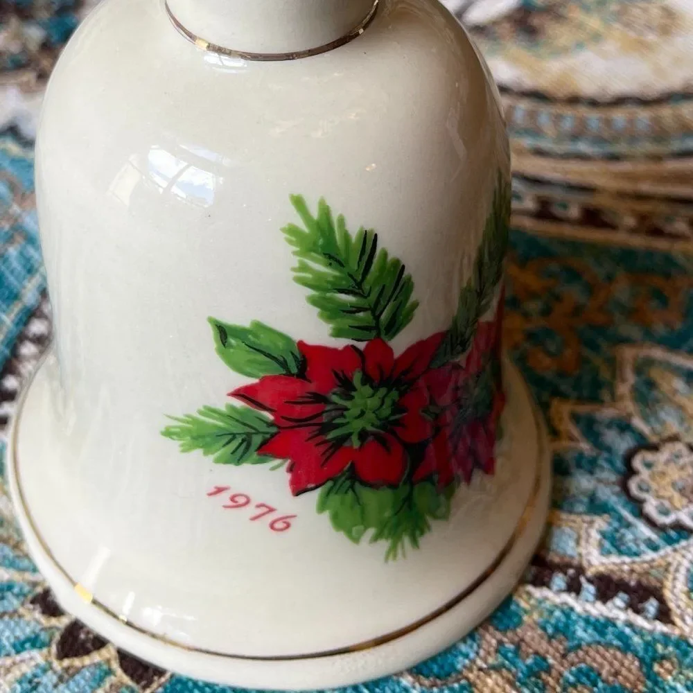 Christmas Hand Bell 1976 Poinsettia Porcelain Gold Trim 5.5 Inch